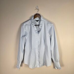 Brooks Brothers Blouse Women 12 Blue White Striped Ruffle Neck Supima Cotton